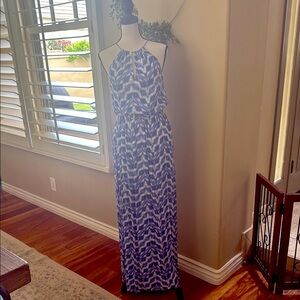 Blue Patterned Halter Maxi Dress